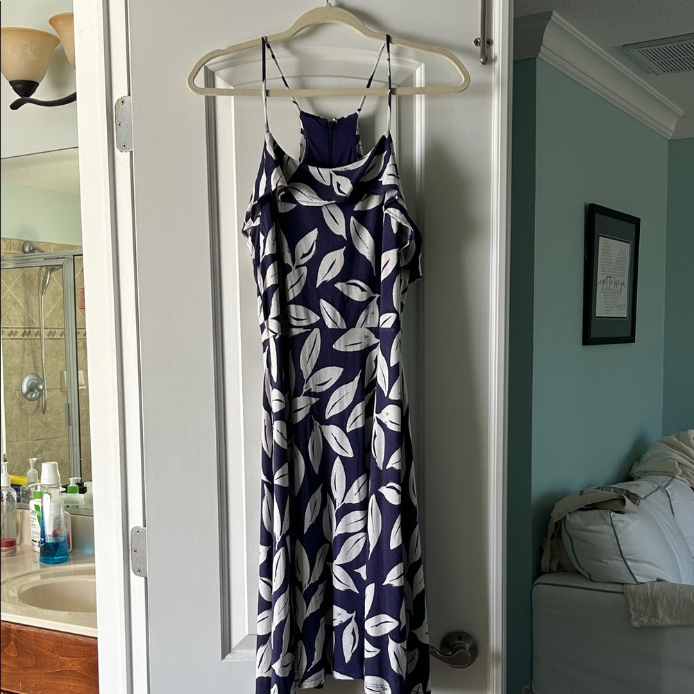 LOFT Navy Midi Dress with White Leaf Print